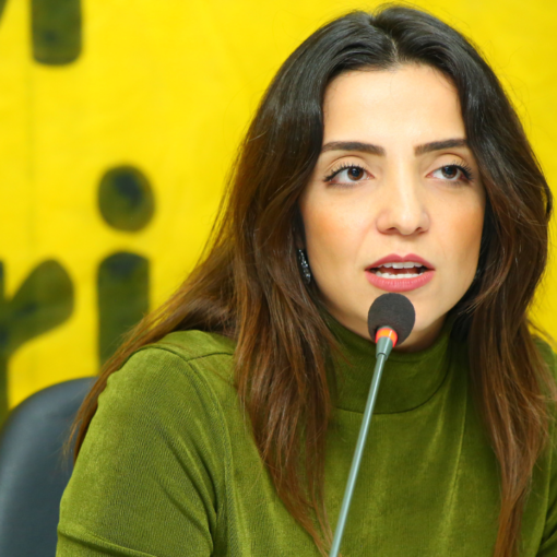 Marcela Trópia do Novo discursnando com microfone aparecendo e bandeira amarela ao fundo